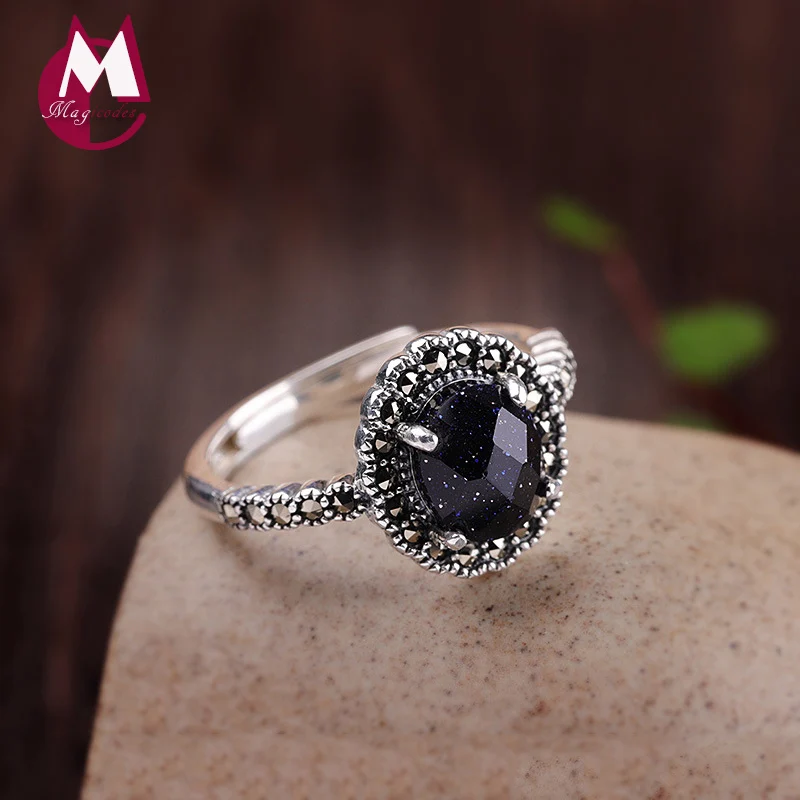 

New S925 Sterling Silver Jewelry Thai Silver Women's Adjustable blue Sandstone Ring Girlfriend Gift Wedding Engagement RR43