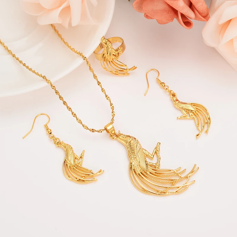 

Gold PNG Jewellery Set crystallong tail bird Pendant Necklaces Earrings Papua New Guinea Wedding bridal party women girls gifts