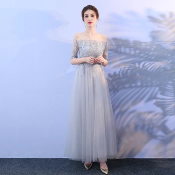 Grey Colour Elegant Bridesmaid Dresses Long Party Dress Wedding Dress Off The Shoulder Back of Dandage printing off the shoulder flounce dress