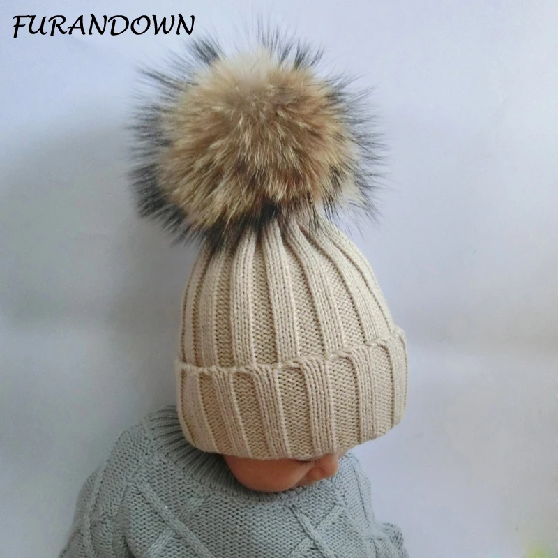 

2019 Fashion Children Winter Big Fur Pompom Hats Baby Knitted Warm Hat For Kids Girls Boys Pom pom Beanie Cap