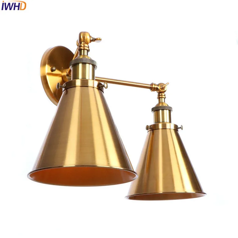 IWHD Golden Industrial LED Wall Lights Fixtures Bedroom Living Room 2 Heads Vintage Retro Wall Lights Sconce Home Lighting