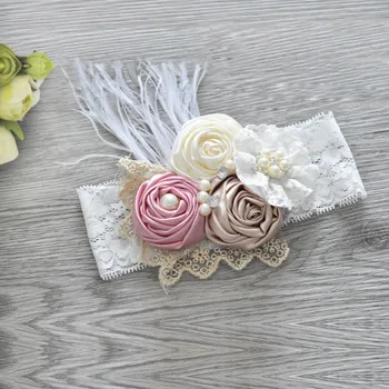 

6 Pcs/lot Turban Baby Flower Headband Vintage Lace Hair Ties Newborn Photo Props Feather Pearl Headband Girls Hair Accessories