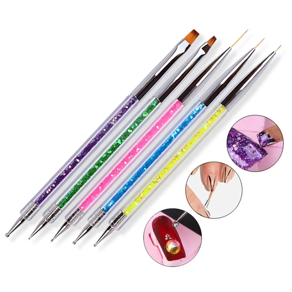 5Pcs/Set Nail Art Double Ended Dotting Brush Shiny Sequins Painting