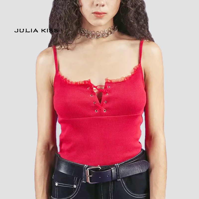 

Women Lace Up Crop Camis With Lace Trimming
