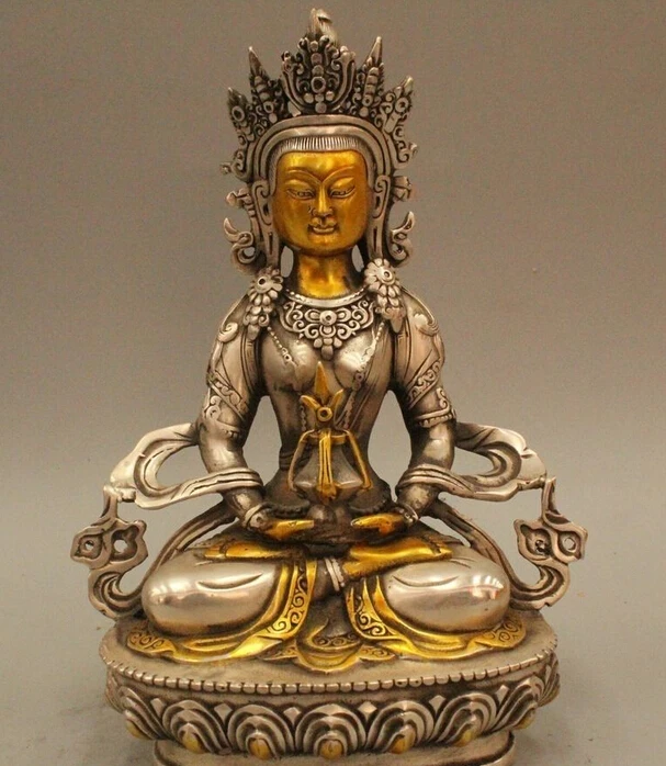 

8" Tibet Buddhism Silver Gild Amitayus longevity God Goddess Statue Sculpture