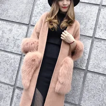 Вязаный женский норковый кашемировый свитер с большим карманом из меха лисы, женские свободные стильные модные кардиганы