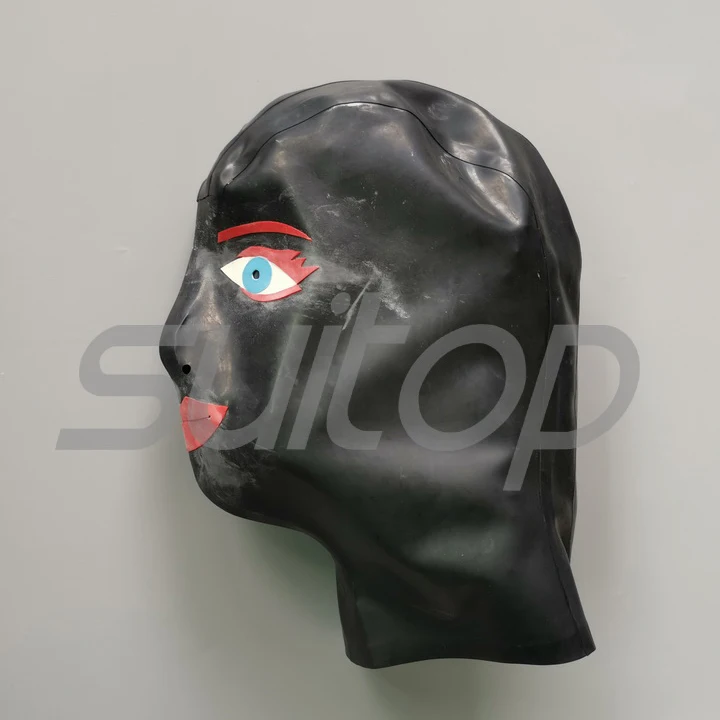 

New Catsuitop fetish mask sexy latex hood rubber free shipping in black and red with eyes and nose holes open mouth