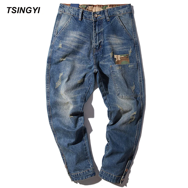 

Tsingyi 4XL Autumn Patchwork Jeans Men Worn Do Old Style Blue Harem Pants Homme Denim Medium Wash Long Length Jogger Trousers