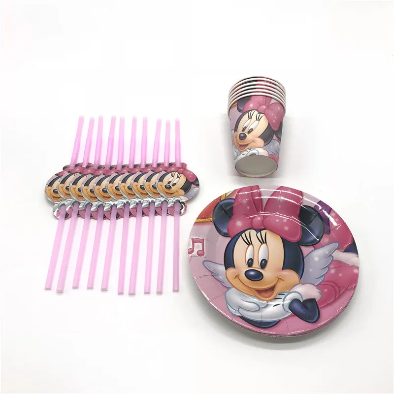 

Hot Disney Minnie Mouse Theme Cups+Plates+Straw Child Birthday Wedding Party Festival Flexible Straw Decoration Supply 36Pcs/Lot