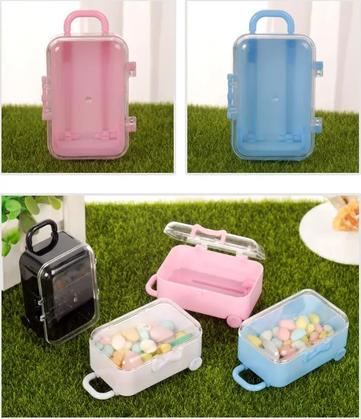 

wholesale 600PCS Clear Mini Rolling Travel Suitcase Favor Box Wedding Favors Party Reception Candy Package Baby Shower Ideas