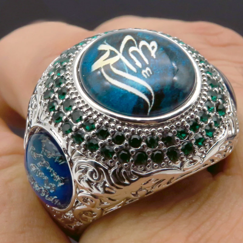 

High Quality Men's Cool Large Green Stone Ring Islam Arabic God Message Huge Signet Ring Punk Jewelry anillo hombre Z5X808