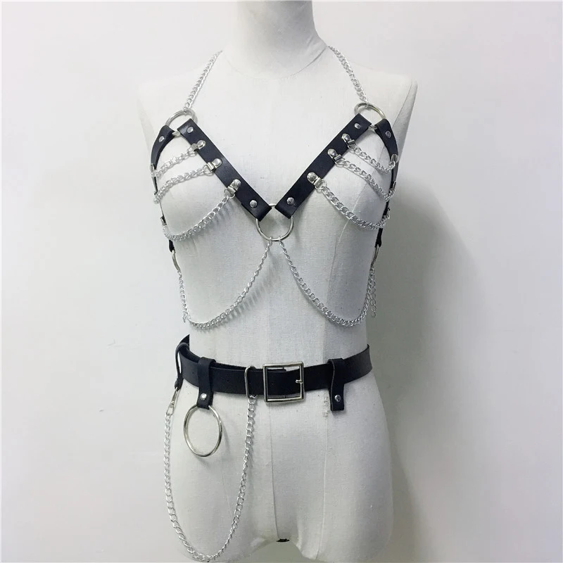

Fashion Goth PU Leather Two Piece Set Body Harness Sexy Metal Chains Top Adjustable Bondage Waist Belt Party Night Club Outfits