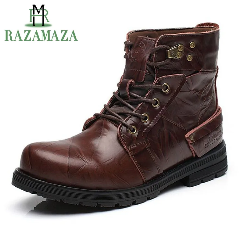 

RAZAMAZA Men Real Leather Ankle Boots Inside Fur Keep Warm Lace Up Men Snow Boots Winter Work Boots Male Footwear Size 38-44