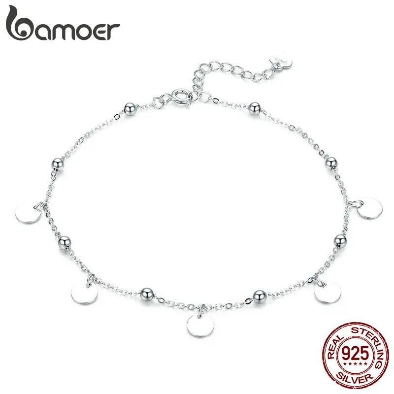 bamoer Silver Beads Anklets 925 Sterling Silver Geometric Minimalist Summer Fashion Foot Jewelry Bracelet for Ankle SCT011