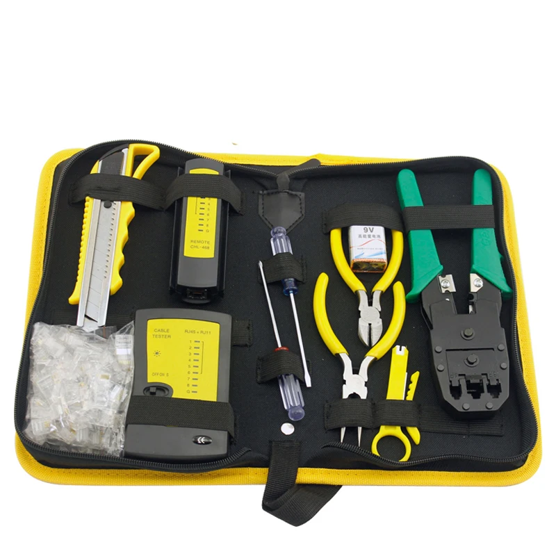 Набор инструментов RJ45 RJ11 RJ12 CAT5 CAT5e Портативный локальной сети Repair Tool Kit, кабельный тестер + провода, плоскогубцы, ножи, щипцы зажим разъем PC