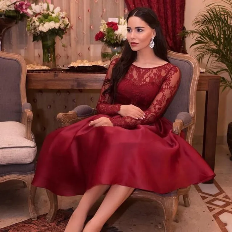 

Red Wine Color A-Line Satin Lace Long Sleeve Evening Dresses for Wedding Party Custom Made