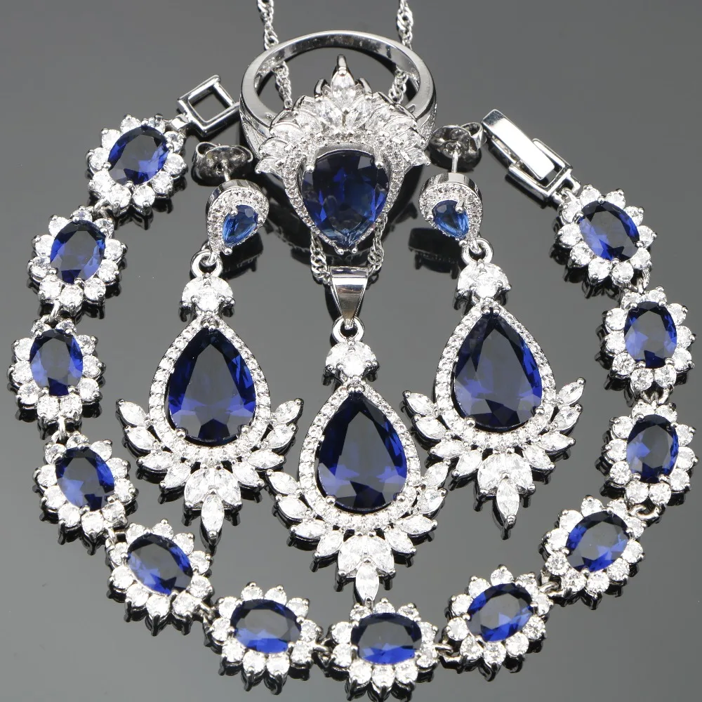 Drop Dark Blue Cubic Zirconia Silver 925 Costume Jewelry Sets For Women