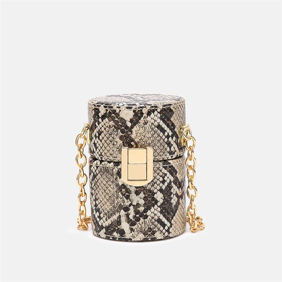 

Retro Serpentine Women's Cylinder Shoulder Bags Snake Printed Woman Pu Leather Small Messenger Bag Ladies Mini Chains Hand Bags