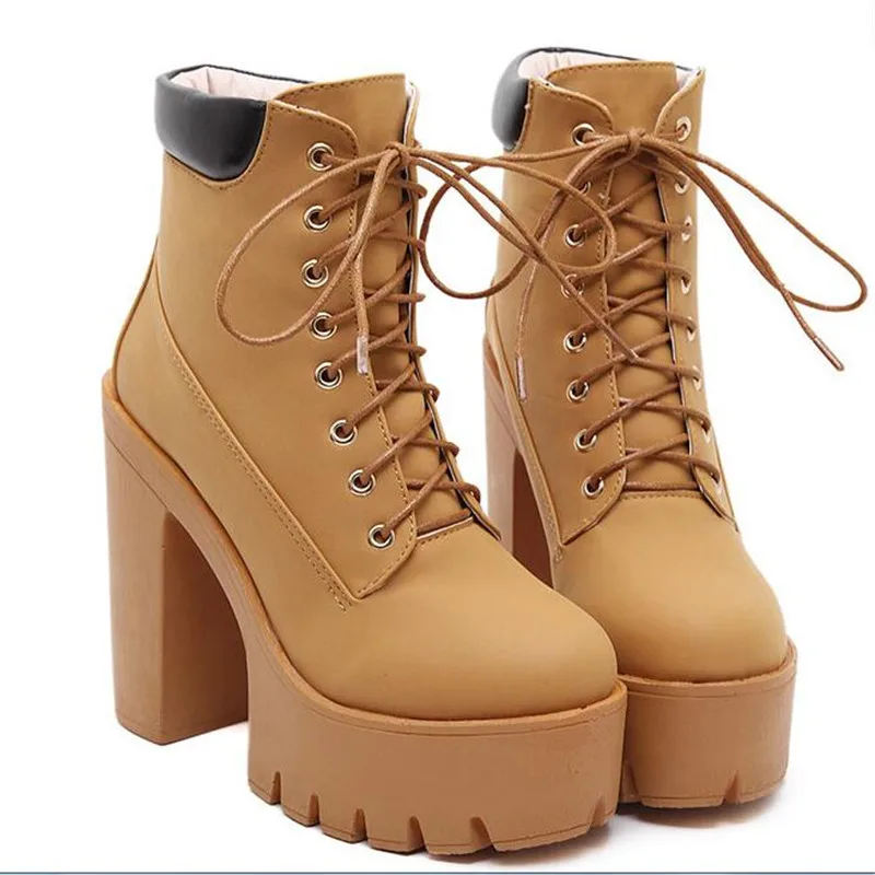 

Fashion Spring Autumn Platform Ankle Boots Women Lace Up Thick Heel Platform Boots Ladies Worker Boots Black Big Size 42