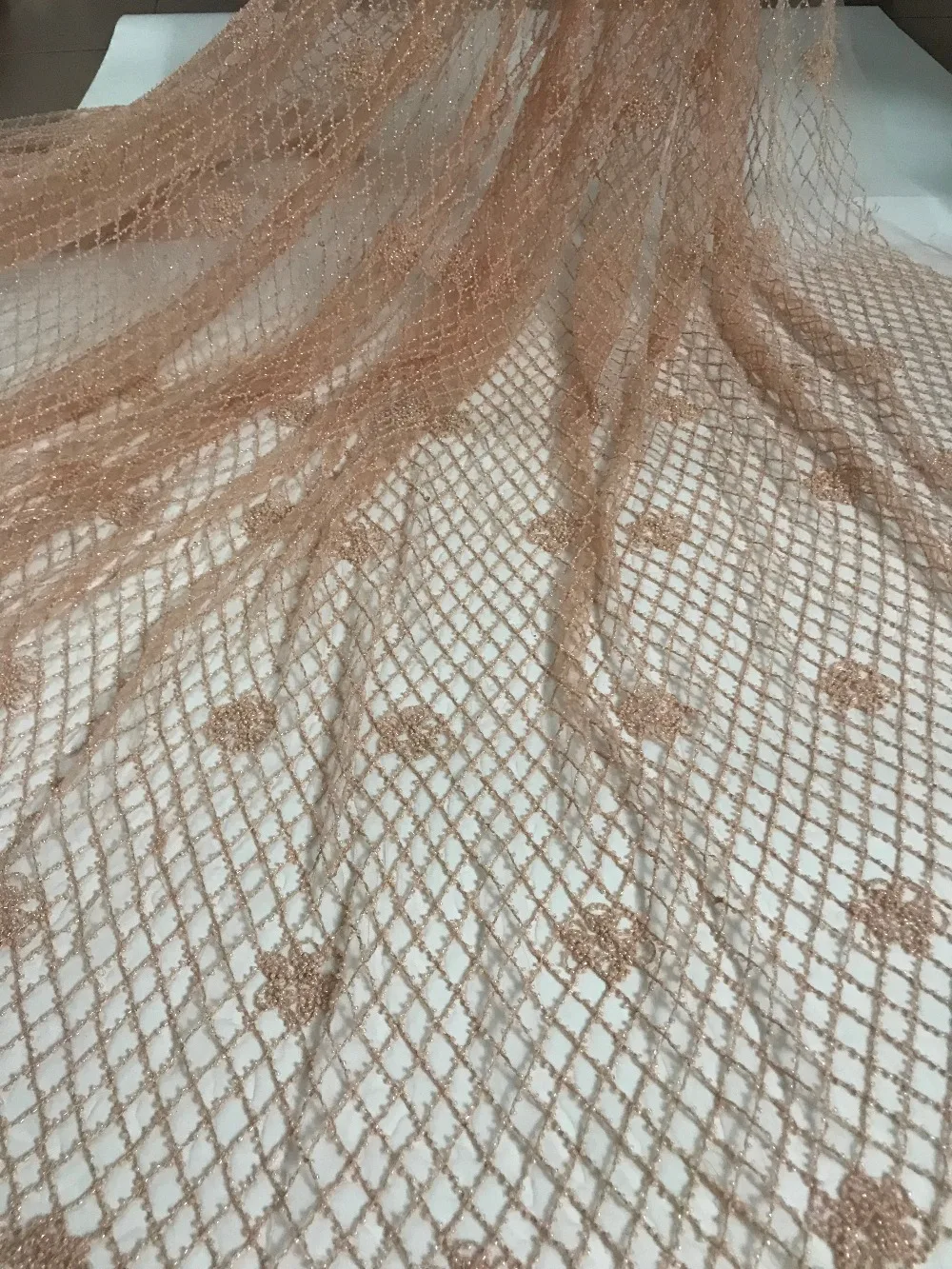 

Latest African French Lace Fabric High Quality African Tulle Lace Fabric ZH-894 with beads For Wedding dress