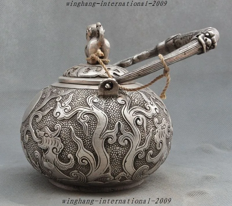 Статуя ручной работы, помеченная старым китайским серебряным Foo Dog корейка дракон чайник-скульптура чайник бутылка для воды Хэллоуин
