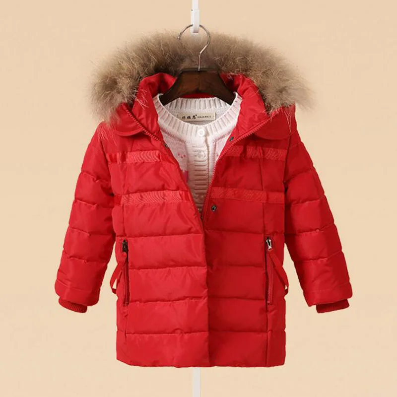 2-7 лет зимнее пальто для маленьких девочек 80% белый пух с капюшоном на молнии водонепроницаемая одежда для малышей детская зимняя куртка верхняя одежда для детей - Цвет: Red Coat