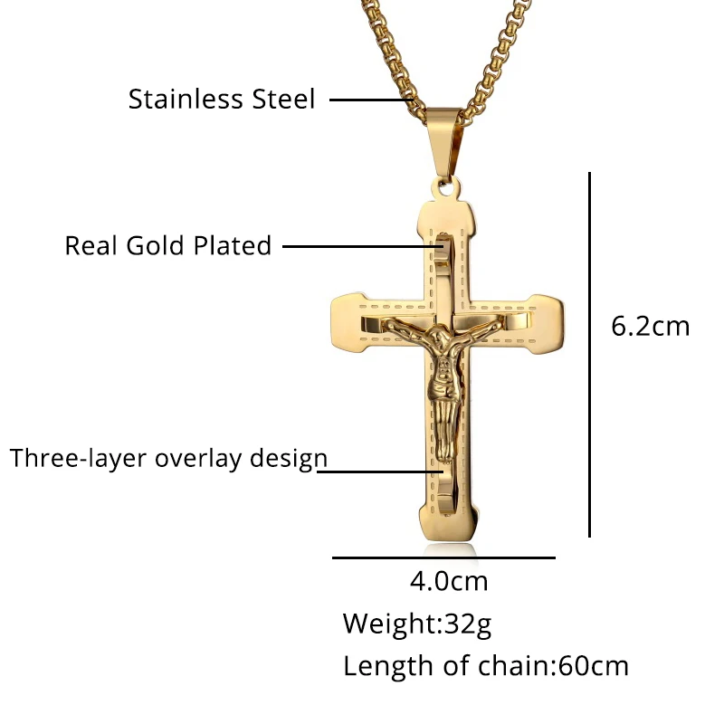 Нержавеющая сталь Мужская подвеска с большим крестом ожерелье длинная цепь Иисус Христос многослойные ожерелья с распятием для мужчин ювелирные изделия для мальчиков