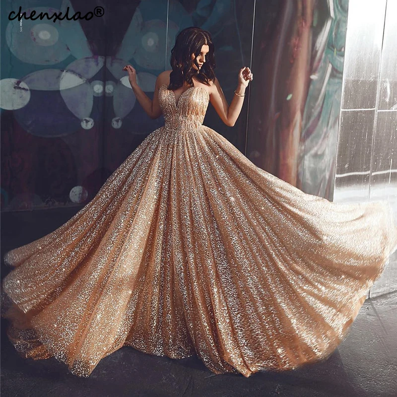 

Sequin Muslim Gold Evening Dresses Long A-Line V-Neck Spaghetti Strap 2019 New Listing Evening Dress Formal Party Gowns Vestidos