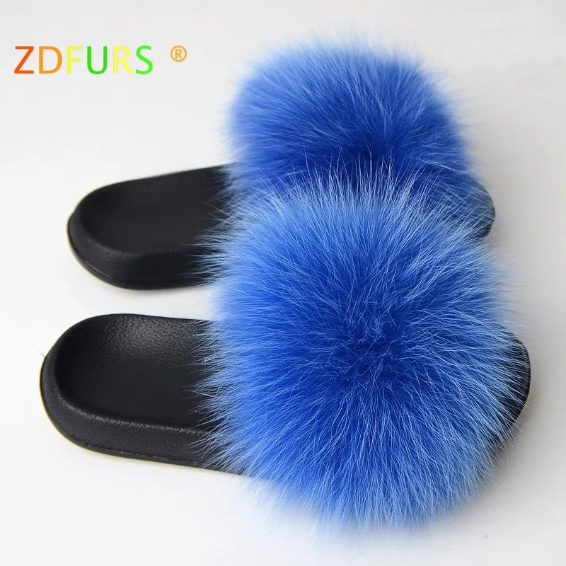ZDFURS* ; Лидер продаж; летние шлепанцы из лисьего меха; модные шлепанцы из ЭВА с натуральным мехом; женская пляжная обувь; женские Вьетнамки; яркие цвета - Цвет: blue