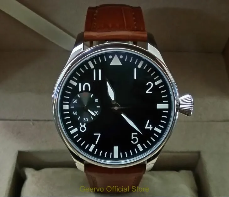 

44mm GEERVO black dial Asian 6497 17 jewels Mechanical Hand Wind movement men's watch green luminous Mechanical Wristwatches115