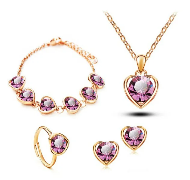 Moonrocy, Розовое золото Цвет Кристалл ожерелье серьги кольцо браслет ювелирный набор в форме сердца фиолетовый зеленый для женщин