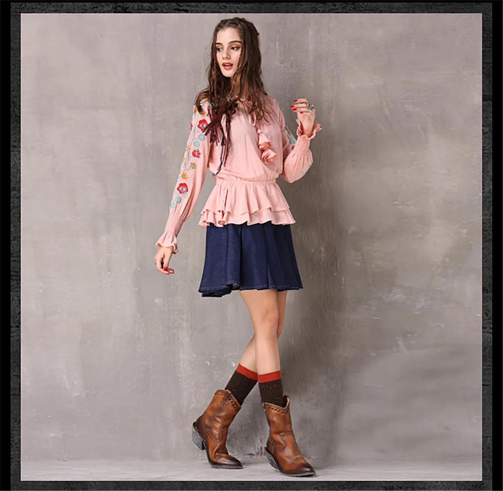 Vintage Women's Blouse Tshirt 2018 Spring New Cotton Linen Blouses Embroidery Flare Sleeve Flower Ruffles Hem Loose Women Shirt (13)