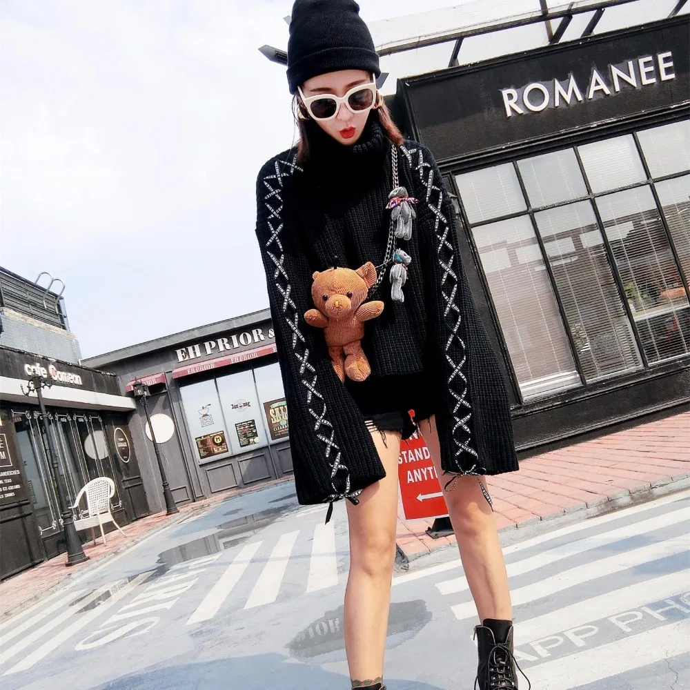 #^Special Price MUMUZI 2019 Brand fashion Pullover Sweater Turtleneck Slim Fit Knitting Black Cartoon Sweaters Women lace up sleeve Pullover