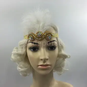 

Vintage Feather 1920s Great Gatsby Flapper Diamante Headband Gold White