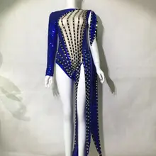 Боди с синими блестками и пуговицами, сексуальная одежда с бусинами, Одежда для танцев, Клубная одежда, праздничная одежда, костюм для сцены, празднования, Женский танцевальный купальник