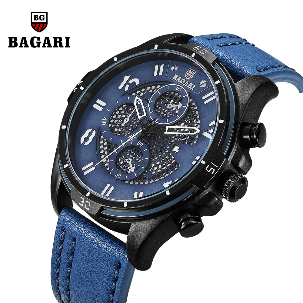 

BAGARI Men Watch Waterproof Military Sport Wristwatch Leather Band Mens Watches Top Brand Luxury Quartz Watch Relogio Masculino