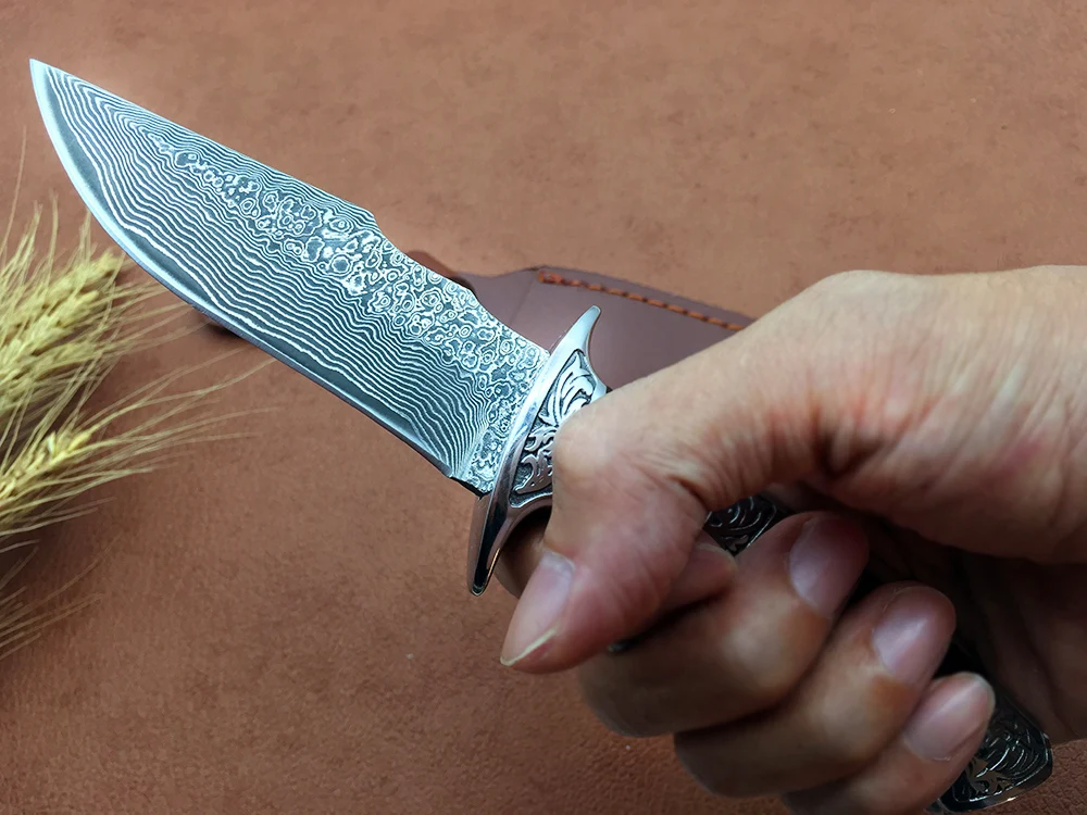 Высококачественный хороший охотничий нож дамасское лезвие VG10 ядро черное дерево+ сталь резная ручка Боуи наружные ножи походные инструменты для самозащиты