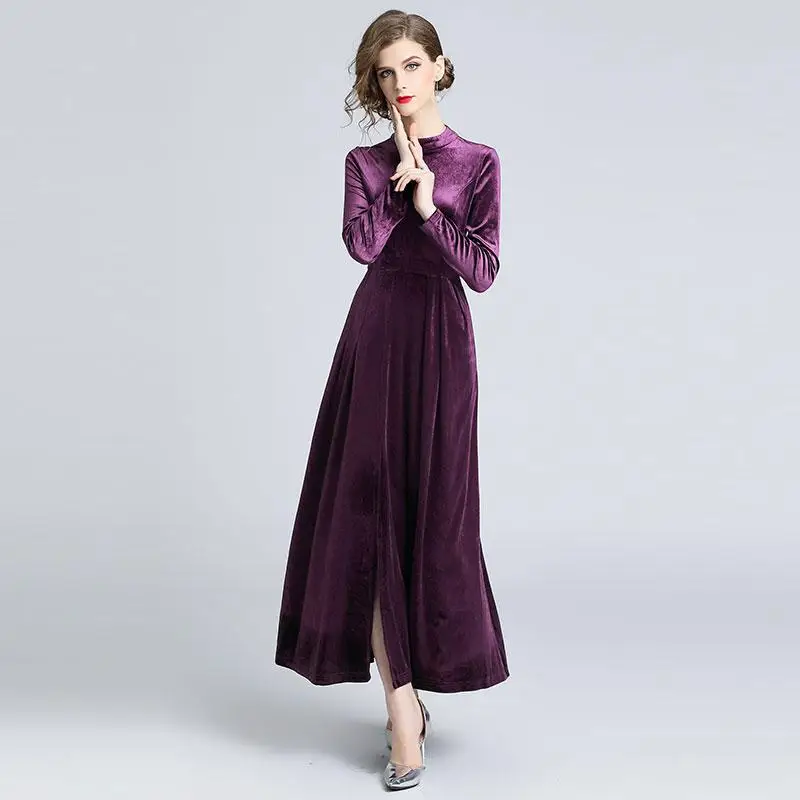 Borisovich, женские вечерние платья, новинка, осенняя мода, английский стиль, винтажный высокий ворот, ТРАПЕЦИЕВИДНОЕ, женские длинные платья, N187 - Цвет: Purple