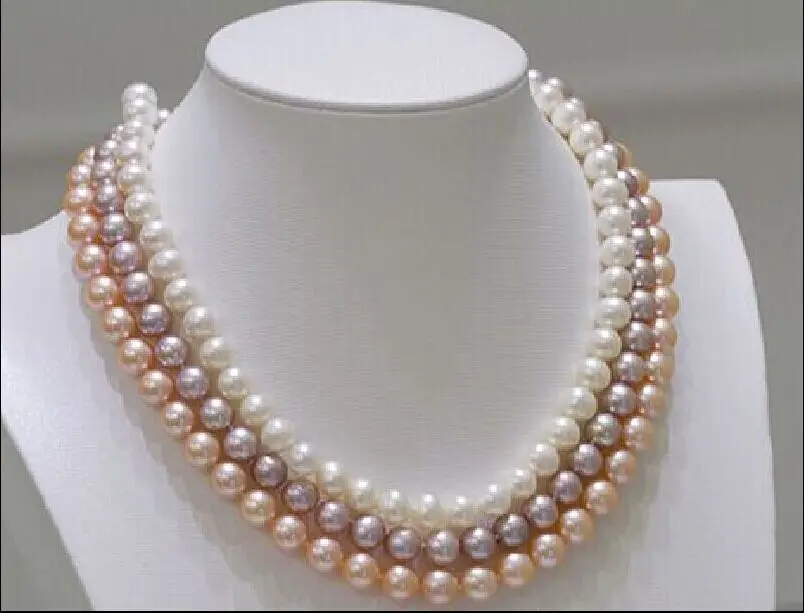 

charming triple strands 9-10mm south sea white purple pink pearl necklace 18-20
