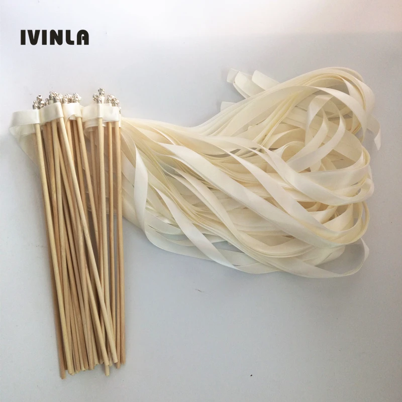 

Hot selling 50pcs/lot Antique white wedding ribbon wands with sliver bell for wedding decoration
