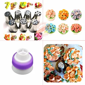 

18/8 Stainless Russian Piping Tips Set 7PCS/SET(7 Nozzles+Coupler) Large Deluxe Nozzle Kit for Icing Cupcake Cake Decorations