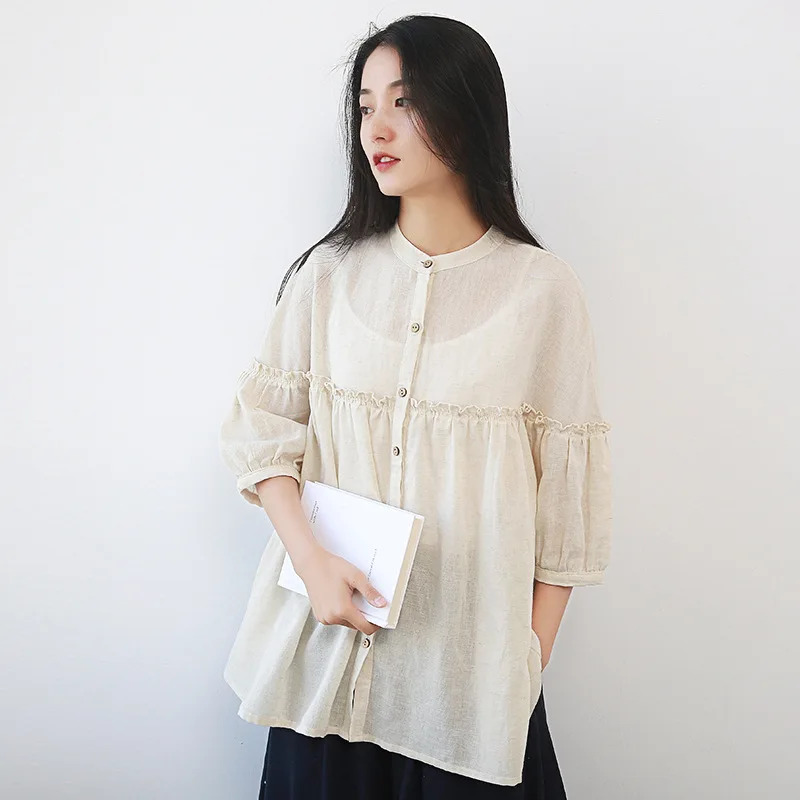 

Johnature Women Cotton Linen Shirts Fold 2019 Spring New Nine Sleeve Button Casual Blouses Solid Color Women Vintage Shirts Tops