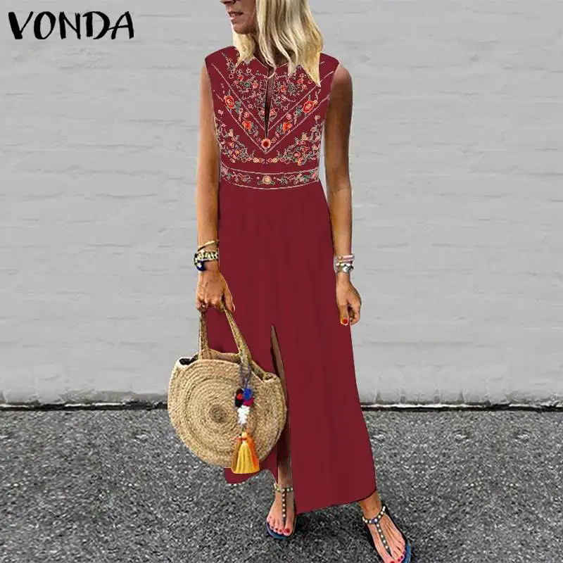 VONDA الشاطئ المطبوعة ماكسي اللباس البوهيمي المرأة أكمام الخامس الرقبة فساتين مثير انقسام تنحنح حزب Vestidos زائد حجم خمر قفطان