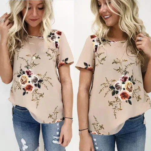 نساء الصيف الجديدة خمر قصيرة الأكمام قمم تي شيرت السيدات عارضة الزهور المحملة الأعلى