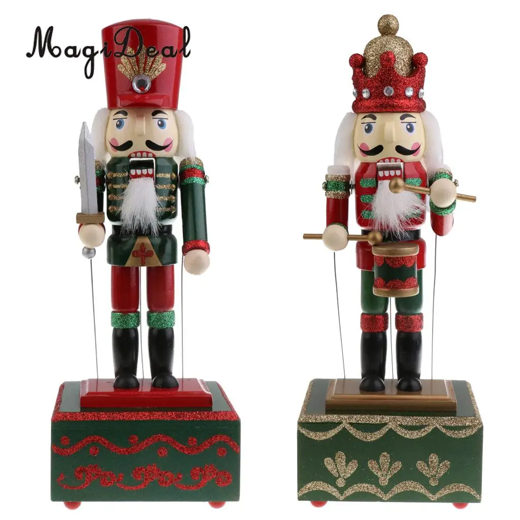 

2 Pieces 32CM Wooden Hand Painted Christmas Nutcracker Music Box Toy Xmas Decor Ornament - Soldier & Drummer
