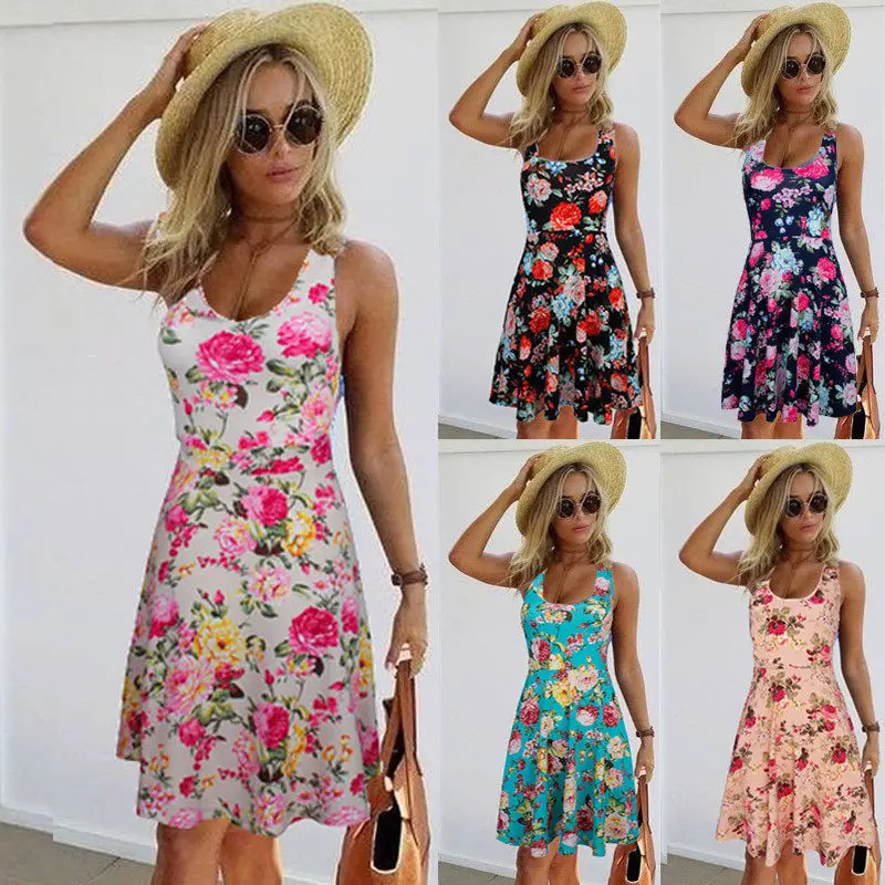 

hirigin Summer Holiday Women Boho Floral Printed Sleeveless A-Line Beach Short Mini Dress Sundress Plus Size S-2XL