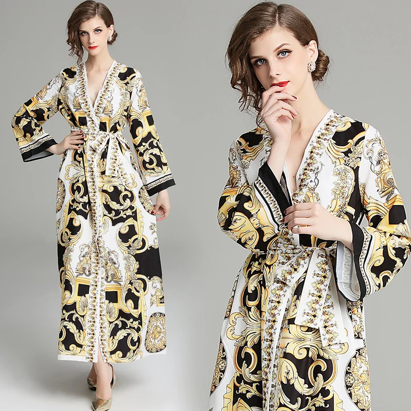 

2019 Spring Summer FallRunway Floral Print Sexy V Neck Sashes Long Sleeve Womens Ladies Party Casual Loose Robe Maxi Split Dress