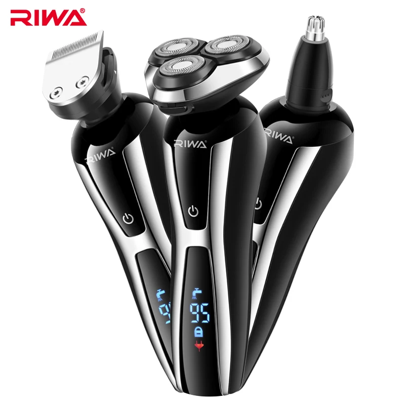 RIWA 3 in 1 Washable Rechargeable Rotary Electric Shaver Triple Blade Shaving Razor Nose and Hair Trimmer For Men LCD Display RIWA 3 in 1 Washable Rechargeable Rotary Electric Shaver Triple Blade Shaving Razor Nose and Hair Trimmer For Men LCD Display