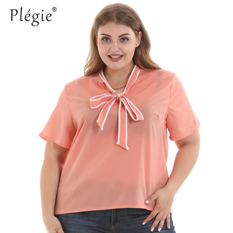 Plegie плюс размер шифоновые рубашки женские с коротким рукавом галстук-бабочка Шея летняя футболка L-5XL большой размер свободная розовая