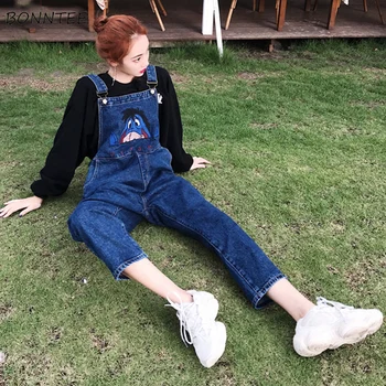 

Jumpsuits Women Pockets Kawaii High Quality Ankle-Length Trendy Womens Cartoon Embroidery Denim Jumpsuit Girls Strap Casual Lady